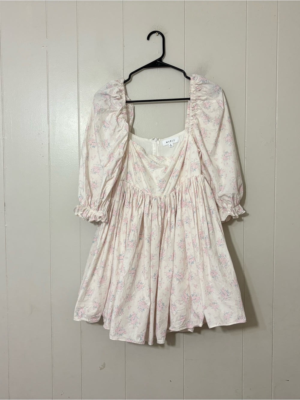 Mable Floral Puff Sleeve Square Neck Mini Dress White Pink Cottagecore S - Picture 2 of 11
